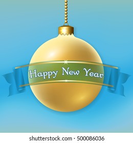Merry Christmas decoration with ribbon, Happy New Year text. Blue and gold ball, isolated on light-blue background. Bright golden bauble design for holiday. Xmas celebration. Vector illustration