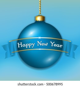 Merry Christmas decoration with ribbon, Happy New Year text. Blue and gold ball, isolated on light-blue background.Vector illustration