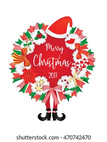 Merry Christmas decoration with santa hat,santa legs,candy and ribbon.gift or invitation card