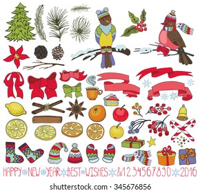 Merry Christmas decoration set.Happy New Year tree spruce branches,Poinsettia flowers,birds,berries,citrus,gift,bow,knitting.Doodle stylish illustration.Vintage winter romantic elements.Greeting cards