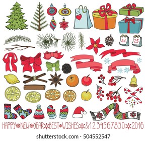 Merry Christmas decoration set.Happy New Year vector.Xmas tree spruce branches,Poinsettia flowers, berries,citrus,gift,bow,knitting.Doodle stylish illustration.Vintage winter romantic elements