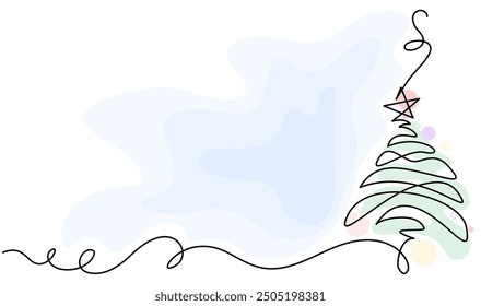 Merry Christmas decoration. Stylish Christmas tree. Continuous one line drawing with color spots. Vector illustration