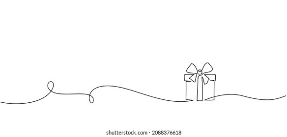 Merry Christmas decoration. Wavy line with gift box. Continuous one line art drawing. Vector illustration