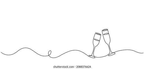 Merry Christmas decoration. Wavy line with glasses of champagne. Continuous one line art drawing. Vector illustration