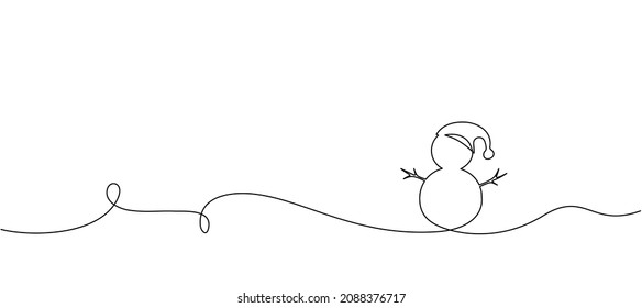 Merry Christmas decoration. Wavy line with snowman. Continuous one line art drawing. Vector illustration