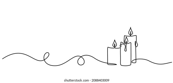 Merry Christmas decoration. Wavy line with Christmas candles. Continuous one line art drawing. Vector illustration