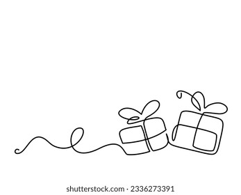 Merry Christmas decoration. Wavy line with gift boxes. Continuous one line art drawing. Vector illustration