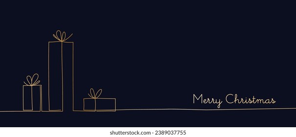 Merry Christmas decoration. Wavy line with gift box. Continuous one line art drawing. Vector illustration.