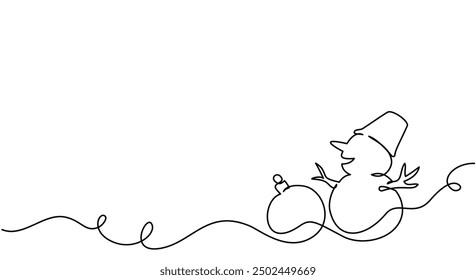 Merry Christmas decoration. Wavy line with snowman. Continuous one line art drawing. Vector illustration