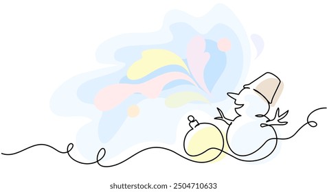 Merry Christmas decoration. Wavy line with snowman. Continuous one line art drawing with color spots. Vector illustration