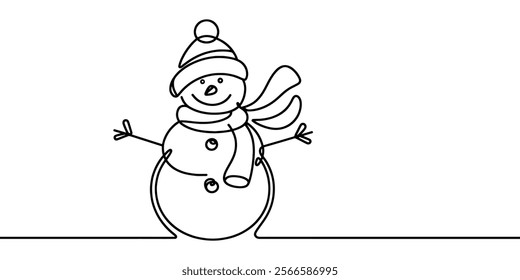 Merry Christmas decoration. Wavy line with snowman. Continuous one line art drawing. Vector illustration.