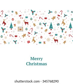 Merry Christmas decorations elements seamless pattern border. Vector illustration for new year 2106 with a reindeer, mistletoe, gift, snowflakes, snow, star, fire, tree