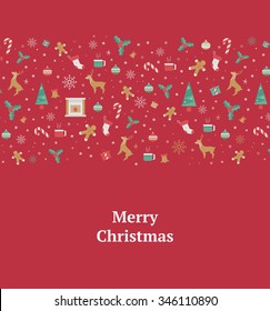 Merry Christmas decorations elements seamless pattern border. Vector illustration for new year 2106 with a reindeer, mistletoe, gift, snowflakes, snow, star, fire, tree