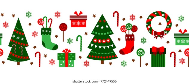 Merry Christmas decorations elements seamless pattern horizontal colorful border. Vector flat