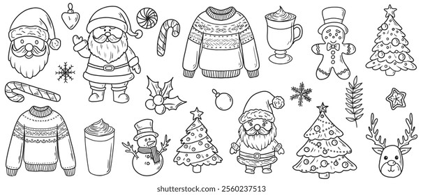 Merry Christmas decorations. Line art icons. Sweater, Santa Claus, hot drink, snowman, reindeer, gingerbread cookie, snowflakes, winter decorations. Hand drawn vector sketch illustrations in vintage
