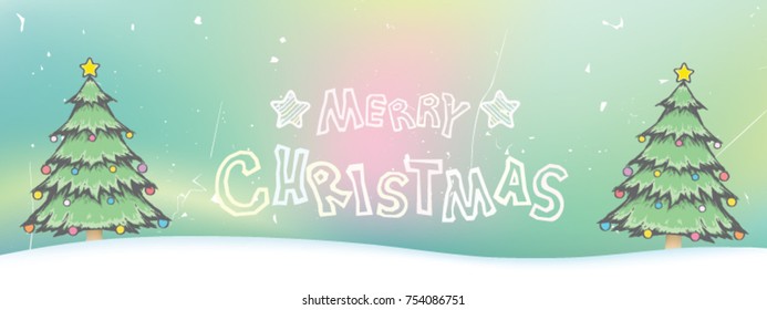 Merry Christmas with decorations pine tree on snow. Night sky with starry or snowflakes and banner in drawing doodle style for Holiday and Happy New Year.