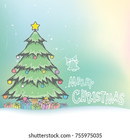 Merry Christmas with decorations pine tree. Gift boxes with snow in doodle style for Xmas Holiday and Happy New Year. 