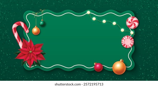 Merry Christmas decorative 3d frame with poinsettia flower, candy cane, illuminated lights on green background. Curved border with peppermint sweets and festive baubles. Holiday greeting card design.