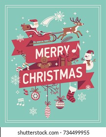 Merry Christmas decorative background. Vector banner, poster or greeting card template on Merry Xmas featuring Santa Claus riding sleigh, holiday ornate elements, snowman, snowflakes, etc.