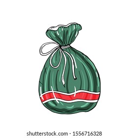 Merry Christmas decorative a bag with presents. Vector illustration with isolated a bag with presents on the white background for decor winter holidays.