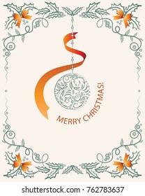 MERRY CHRISTMAS! Decorative ball. Greeting card decorated with ribbon, bows, leaves and holly berries in vintage style.