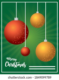 merry christmas, decorative balls on green sunburst vector illustration