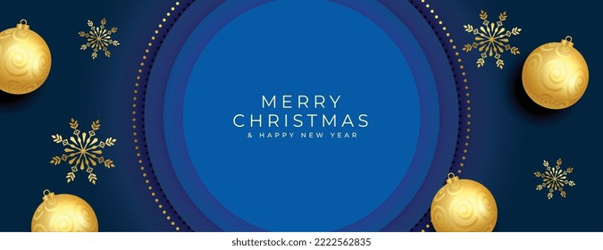 Merry christmas decorative banner with realistic golden ball and snowflake vector 