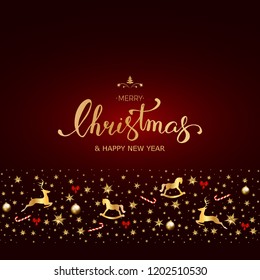Merry Christmas Decorative Border made of Festive Elements on black background Vector illustration
