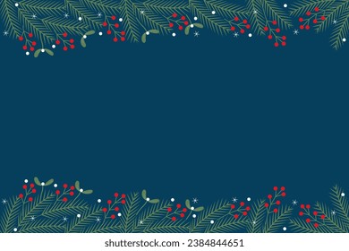 Merry Christmas decorative border with mistletoe and pine branches on green background. Vector illustration
