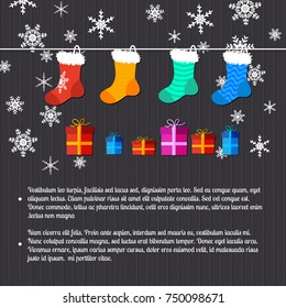 Merry christmas decorative card with text, four colorful socks, six boxes with gifts and many white snowflakes on the black background vector illustration
