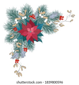 Frohe Weihnachtsdekoration mit roten Beeren, Poinsettia, Fichte und Mistelen. Weihnachtsdesign-Element. Vektorgrafik