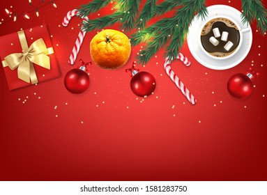 Merry Christmas, decorative design elements, winter banner, celebration background, realistic lights, fir branches, coffee and marshmallow, christmas candy, red ball and gift with bow vector 
