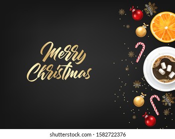 Merry Christmas, decorative design elements, winter banner, celebration background, realistic lights, coffee and marshmallow, christmas candy, red ball and orange vector 