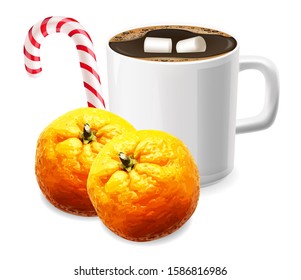 Merry Christmas, decorative design elements, winter banner, celebration background, realistic coffee and marshmallow, christmas candy and mandarin vector 