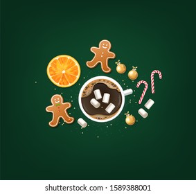 Merry Christmas, decorative design elements, winter banner, celebration background, realistic lights, christmas candy,gold ball,coffee and orange, green background vector 