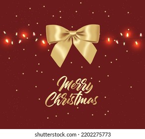 Merry Christmas, decorative design elements, winter banner, celebration background, realistic lights, christmas gift with gold bow, gold background vector