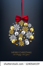 Merry Christmas decorative elements bauble snowflake bow, postcard, invitation, vector illustration