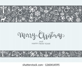 Merry Christmas with decorative elements on a blue background. Holiday card with lettering and decoration, illustration.