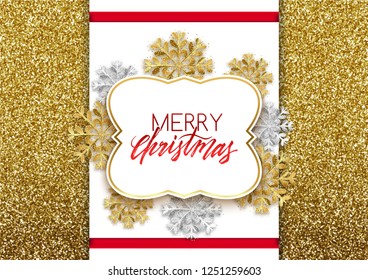 Merry Christmas decorative frame glitter snowflakes postcard, vector illustration