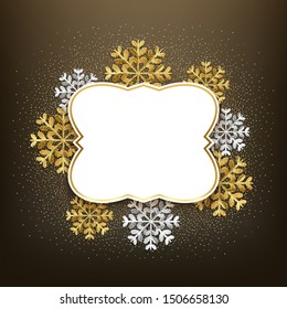 Merry Christmas decorative frame with glitter and snowflakes, blank banner for message, vector illustration