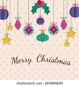 merry christmas decorative hanging baubles stars dotted background vector illustration