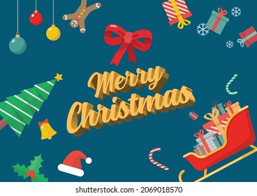 Merry Christmas with decorative ornaments postcard. 3D text Greeting card Vector illustration 