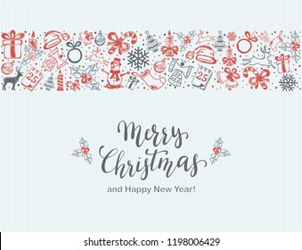 Merry Christmas with decorative red and gray elements on a blue background. Holiday card with lettering and decoration, illustration.