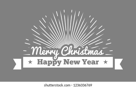 Merry Christmas decorative ribbon with sunburst and typography design. Vector illustration