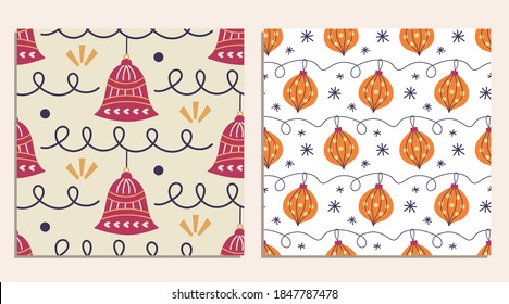 Merry Christmas decorative seamless pattern set in retro vintage 1950s scandinavian style. Winter Holiday texture, Happy New Year cover background. Festive textile, wrapping paper, folk scrapbooking