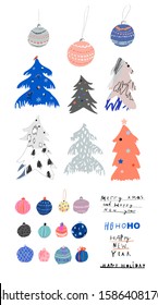 Merry Christmas decorative set with trees and balls. Vector