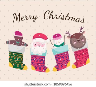 merry christmas decorative socks with santa deer gingerbread man and snowman vector illustration