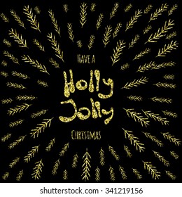Merry Christmas! Decorative sparkle glitter greeting card. Simple golden greeting holiday post card design. Poster template. Vector illustrated 