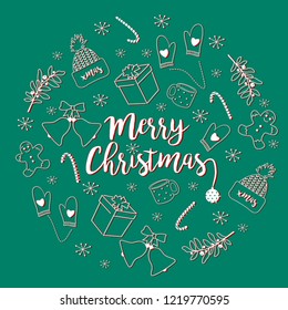 Merry Christmas with decorative white and red elements on green background. Holiday card with lettering and decoration, vector illustration.