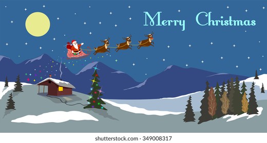 Merry Christmas, Ded moroz landscape, mountains, Santa Claus, deer, winter, snow, lodge, miracle, beauty, gifts, flight, moon, stars, gloss,